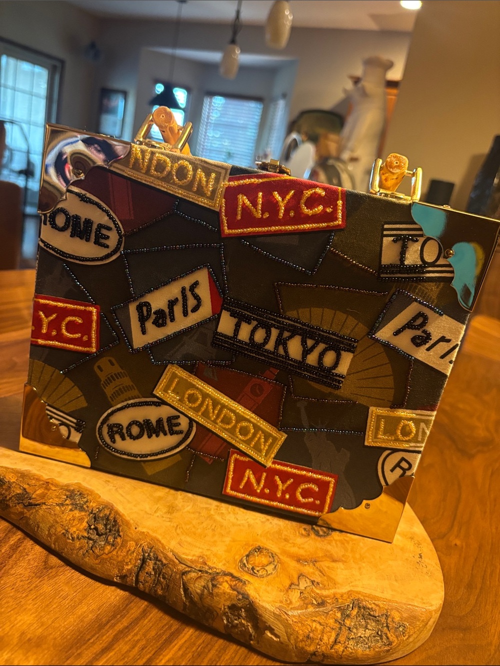 Romeo Roma Cigar Box Handbag with Bamboo Handle & Beaded Appliqués of City Names